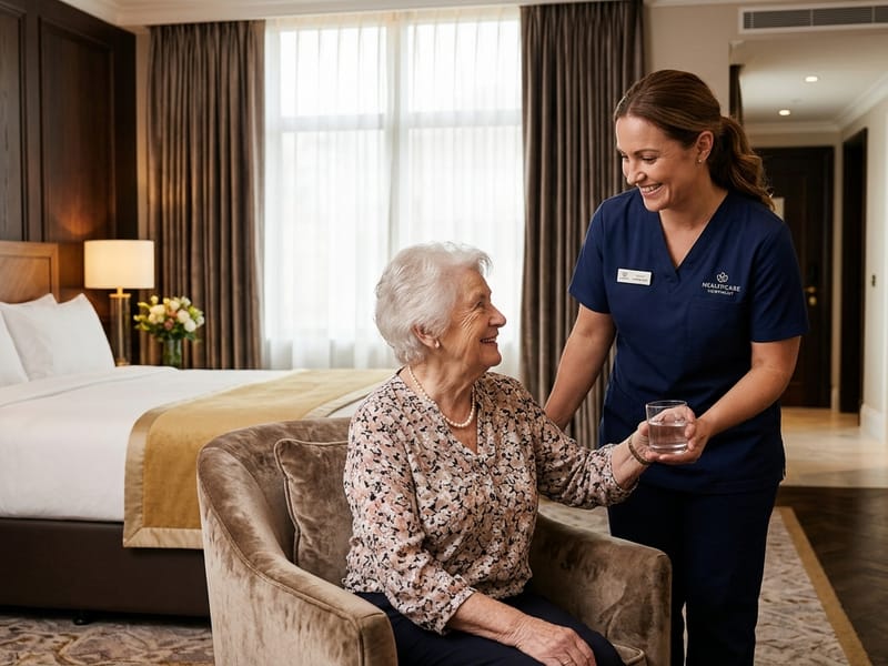 Professional caregiver warmly assisting a senior guest at a luxury hotel