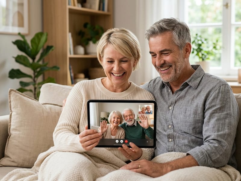 Family members feeling peace of mind while staying connected with elderly parents