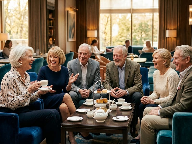 Senior citizens enjoying social activities and companionship at a premium hotel